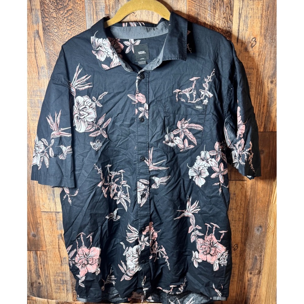 Vans Mens Large Floral Print Short Sleeve Button‎ Up Shirt Black Pink